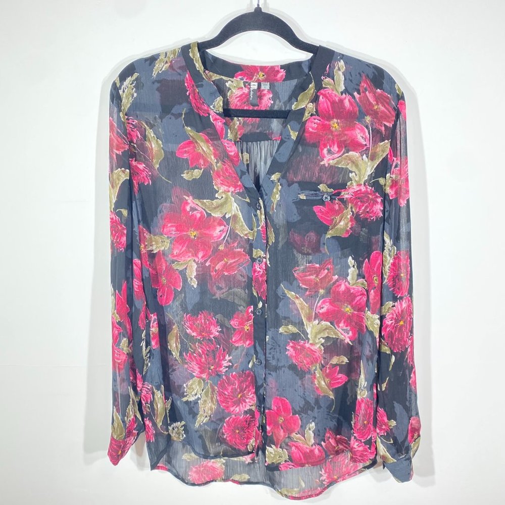 Kut from the Kloth Navy Sheer Button-Up Blouse with Pink Floral Print